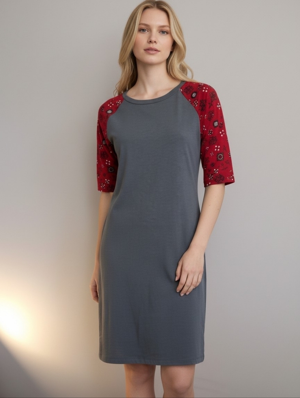 LuLaRoe Julia Gray Dress with Red Patterned Sleeves (S)